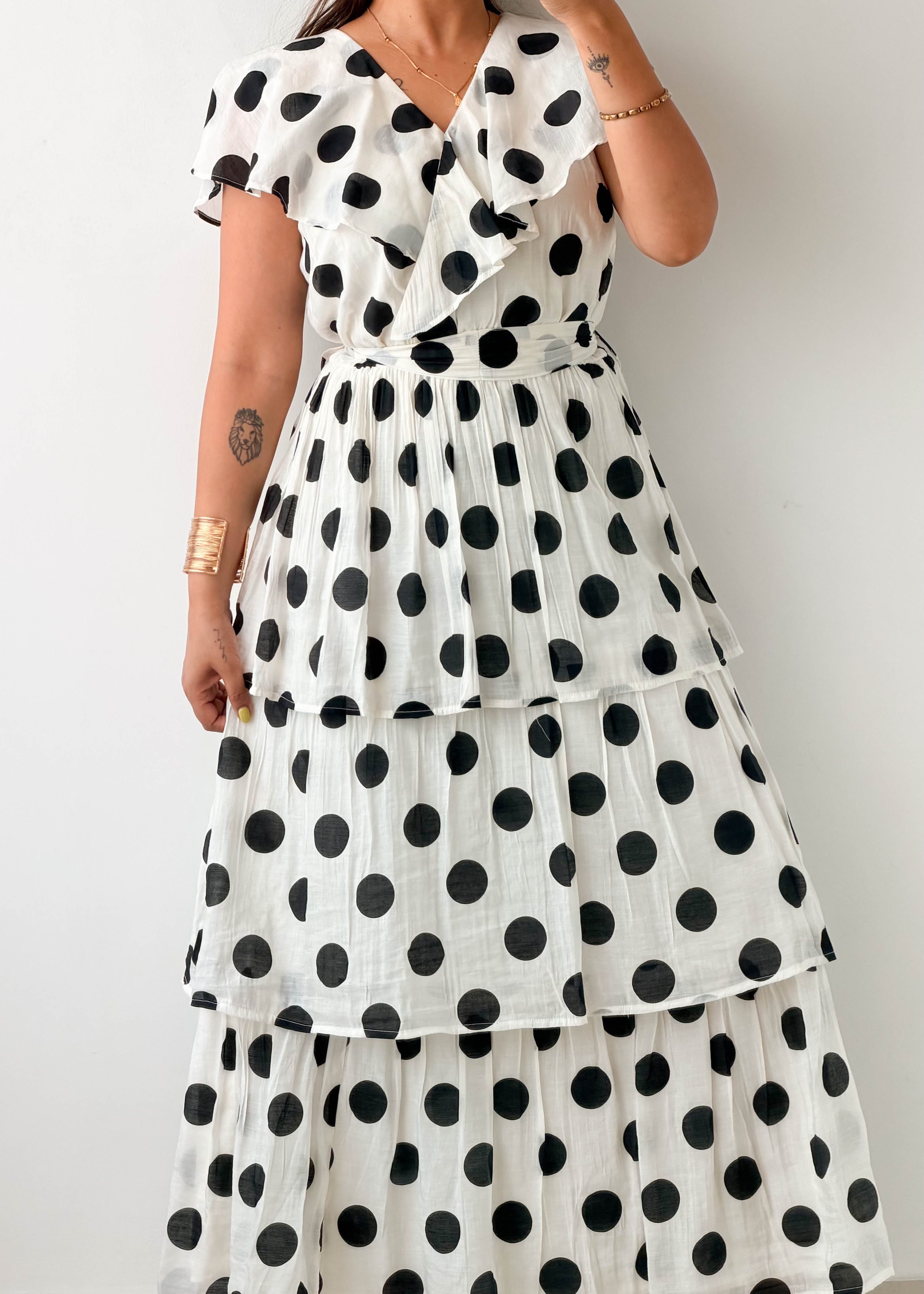 Size M-L White Polka Dot Tiered Maxi Dress