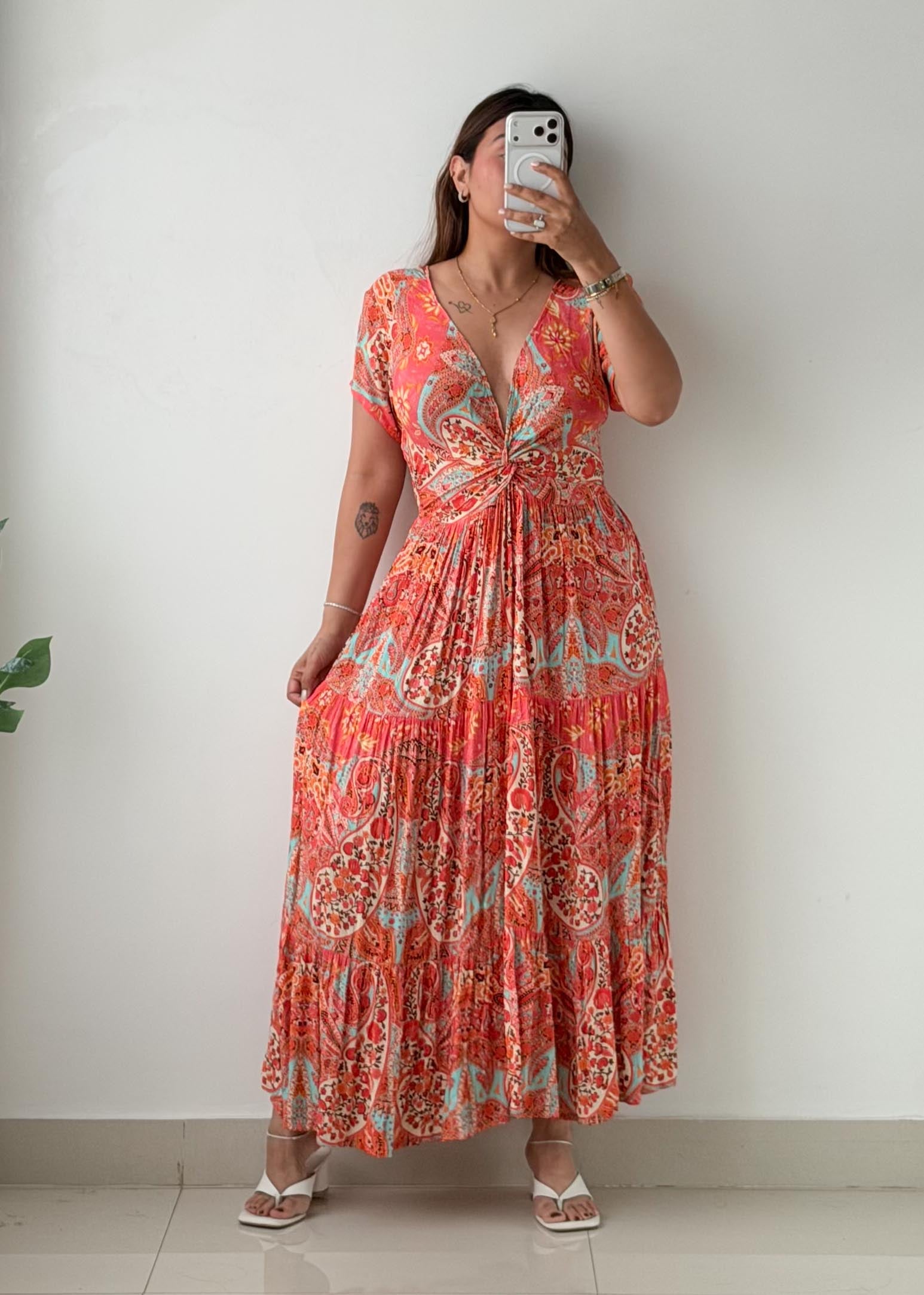 Size XS-S Coral Paisley Print Maxi Dress