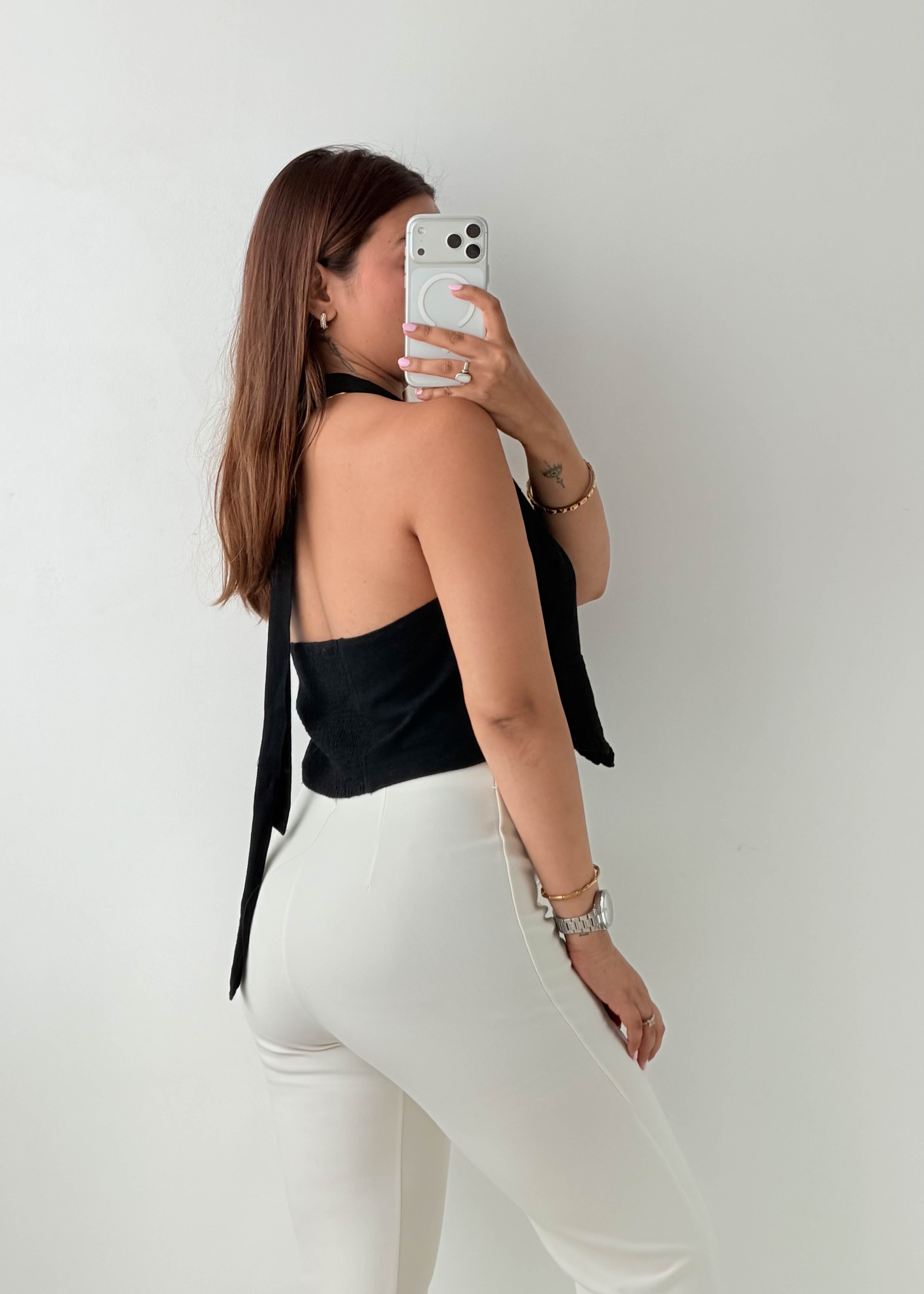 Size M-L Black Button Halter Crop Top