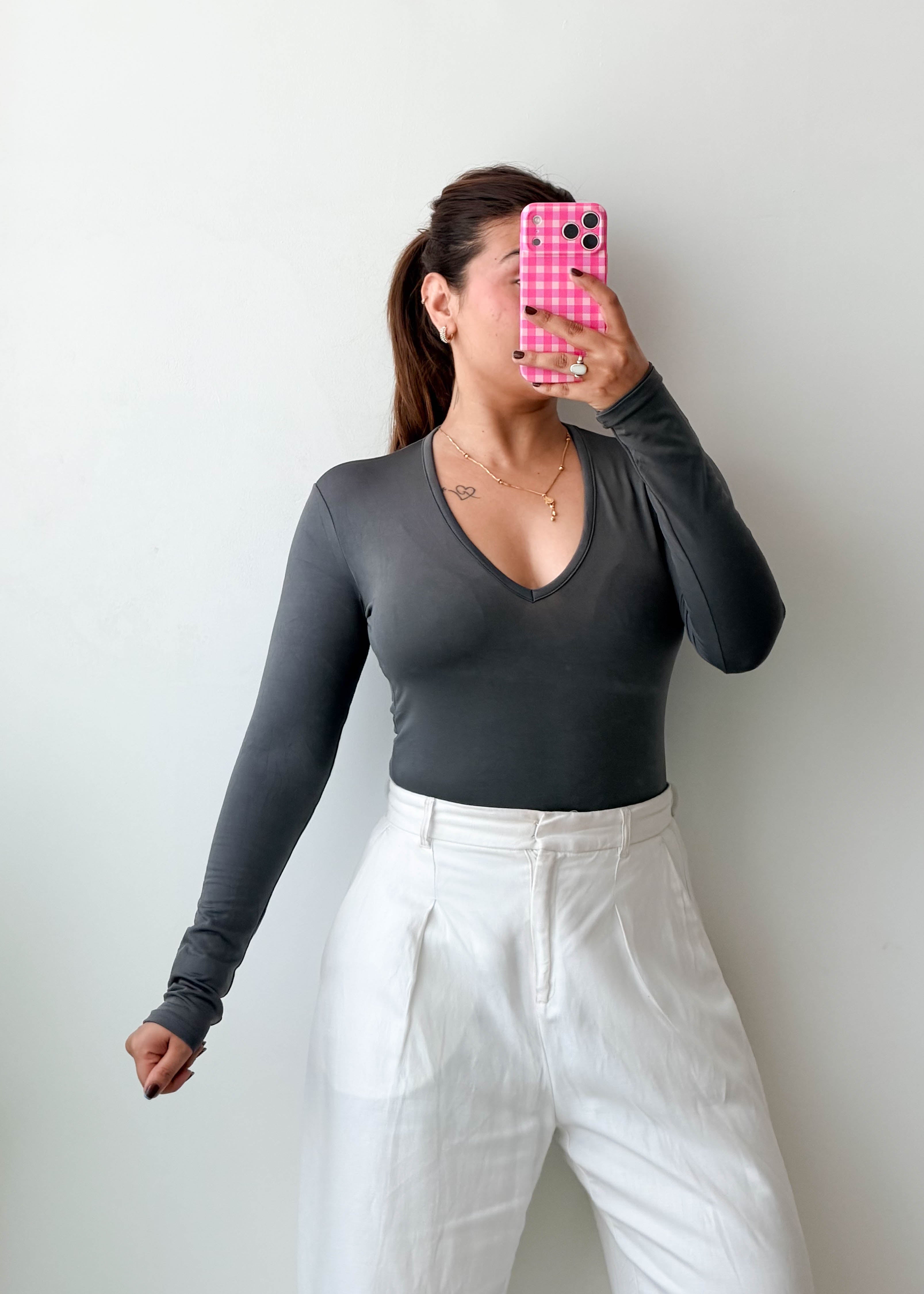 Size XS-S Charcoal Deep V-Neck Top