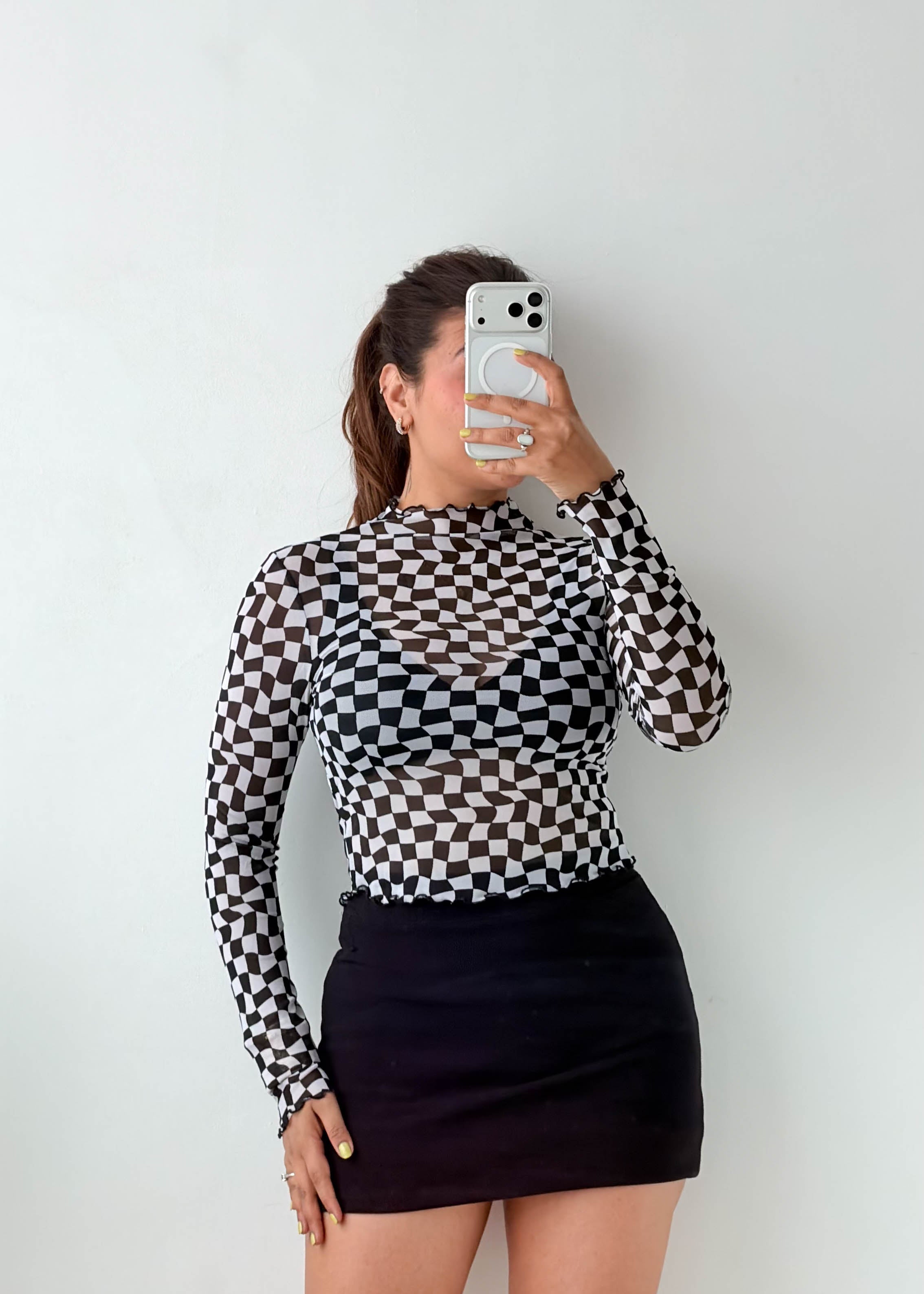 Size S-M Black Checkered Mesh High Neck Top