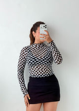 Size S-M Black Checkered Mesh High Neck Top
