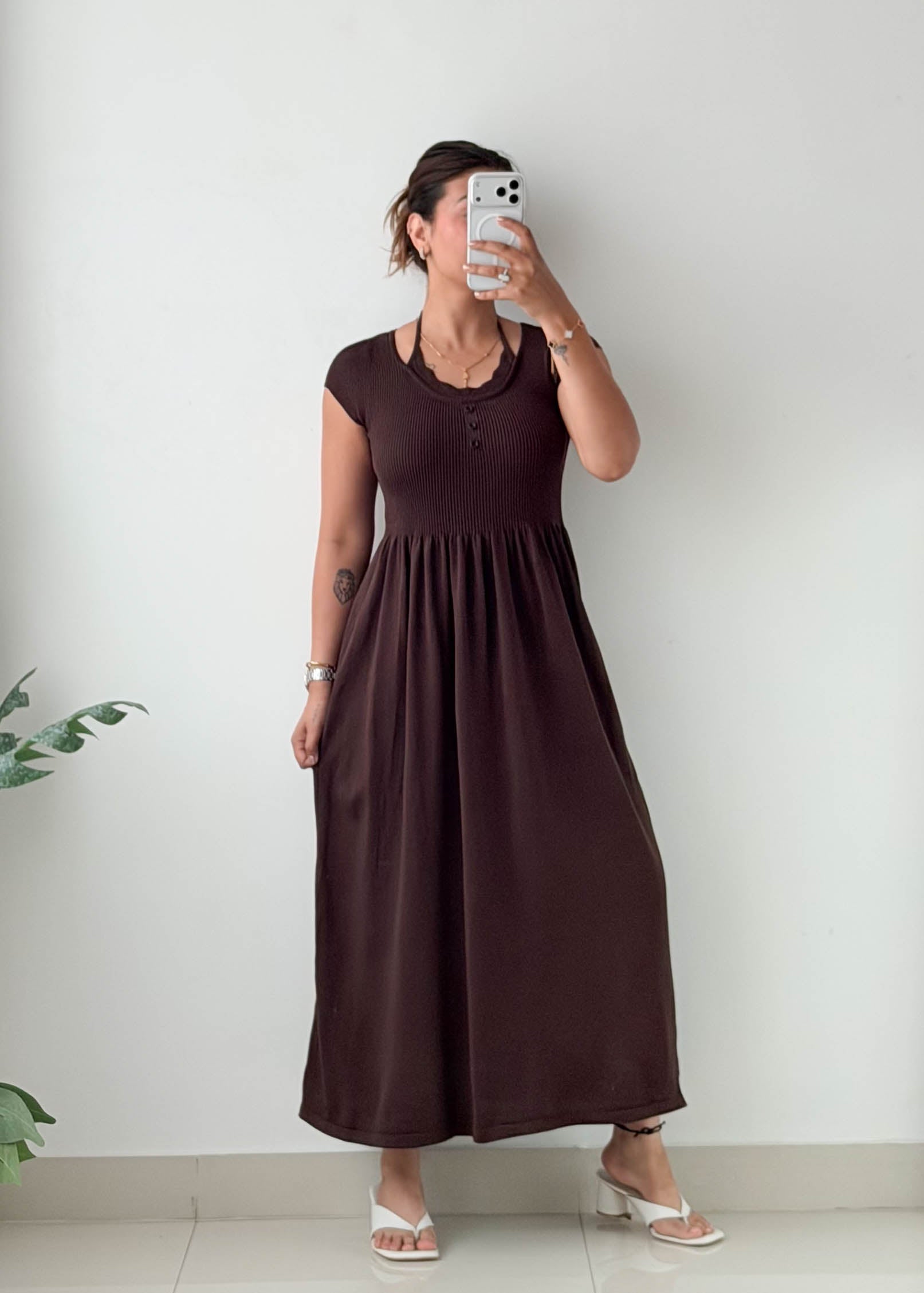Size S-M Chocolate Henley Smocked Maxi Dress