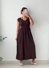 Size S-M Chocolate Henley Smocked Maxi Dress