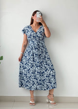 Size L-XL Blue Floral Printed Midi Dress
