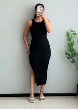 SIZE S-M, Black Ribbed Side Slit Midi Dress - Closet by Payal