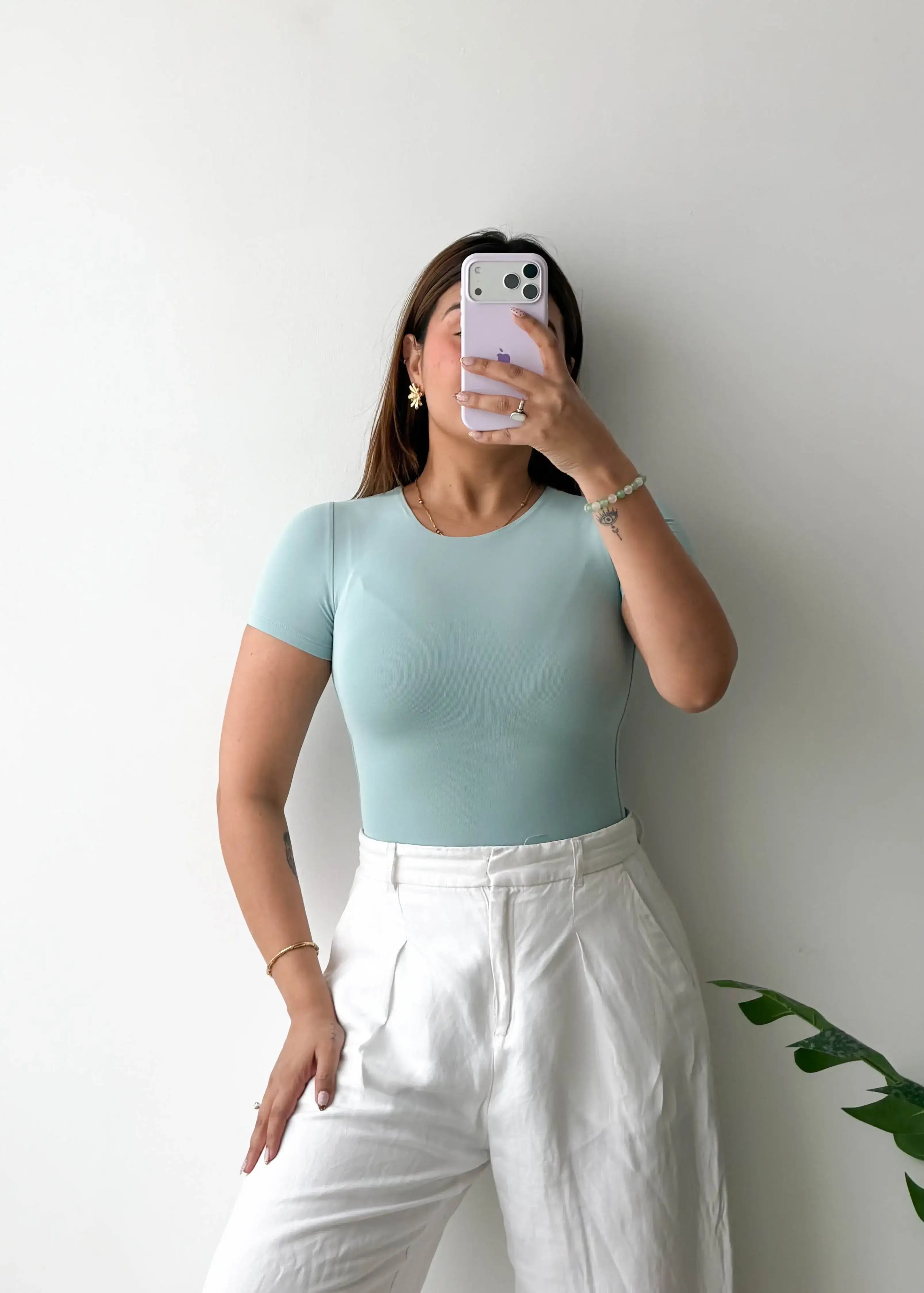 Size XS, Powder Blue Round Neck Half Sleeve Bodysuit