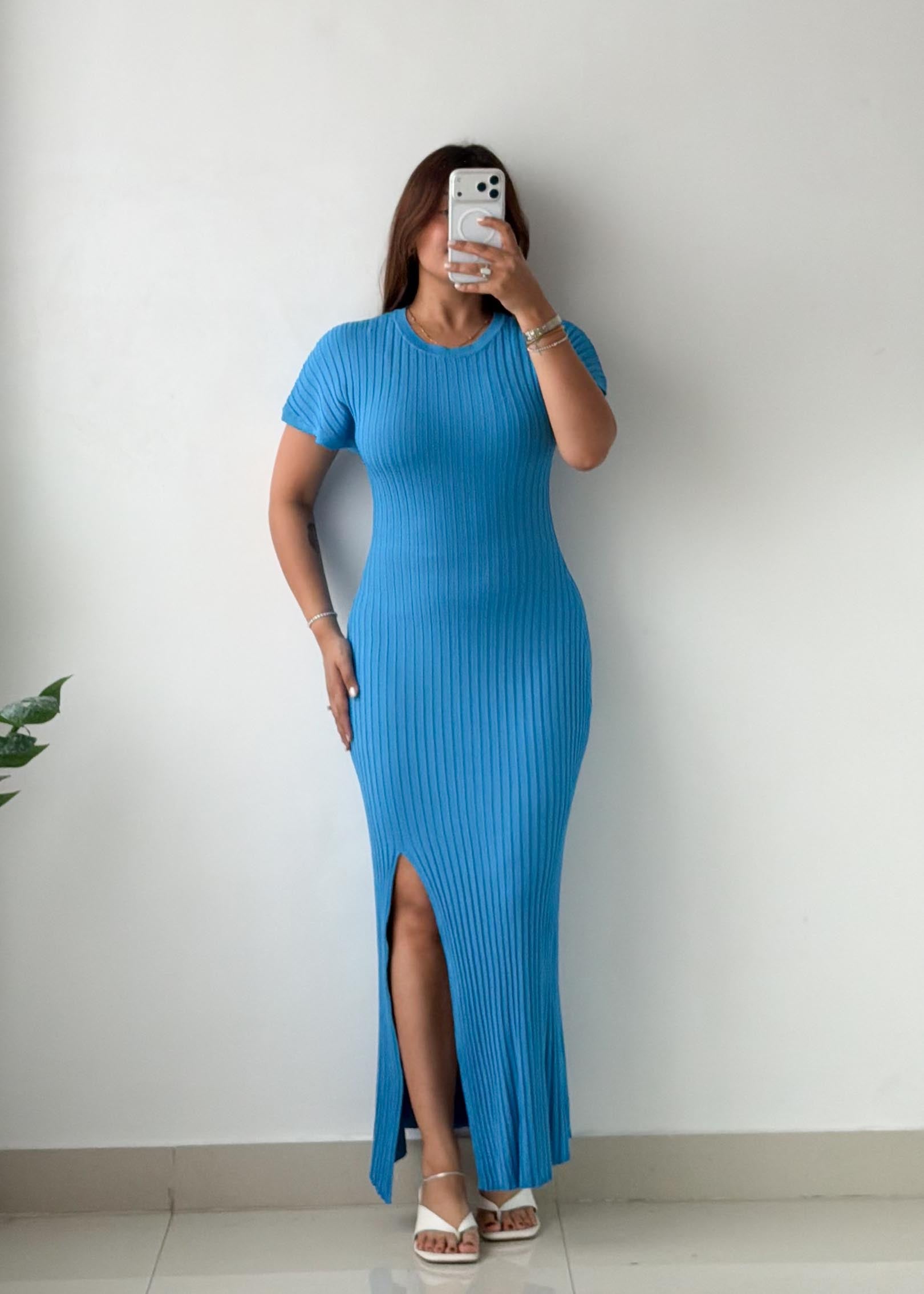 Size S-M Sky Blue Ribbed Knit Maxi Dress