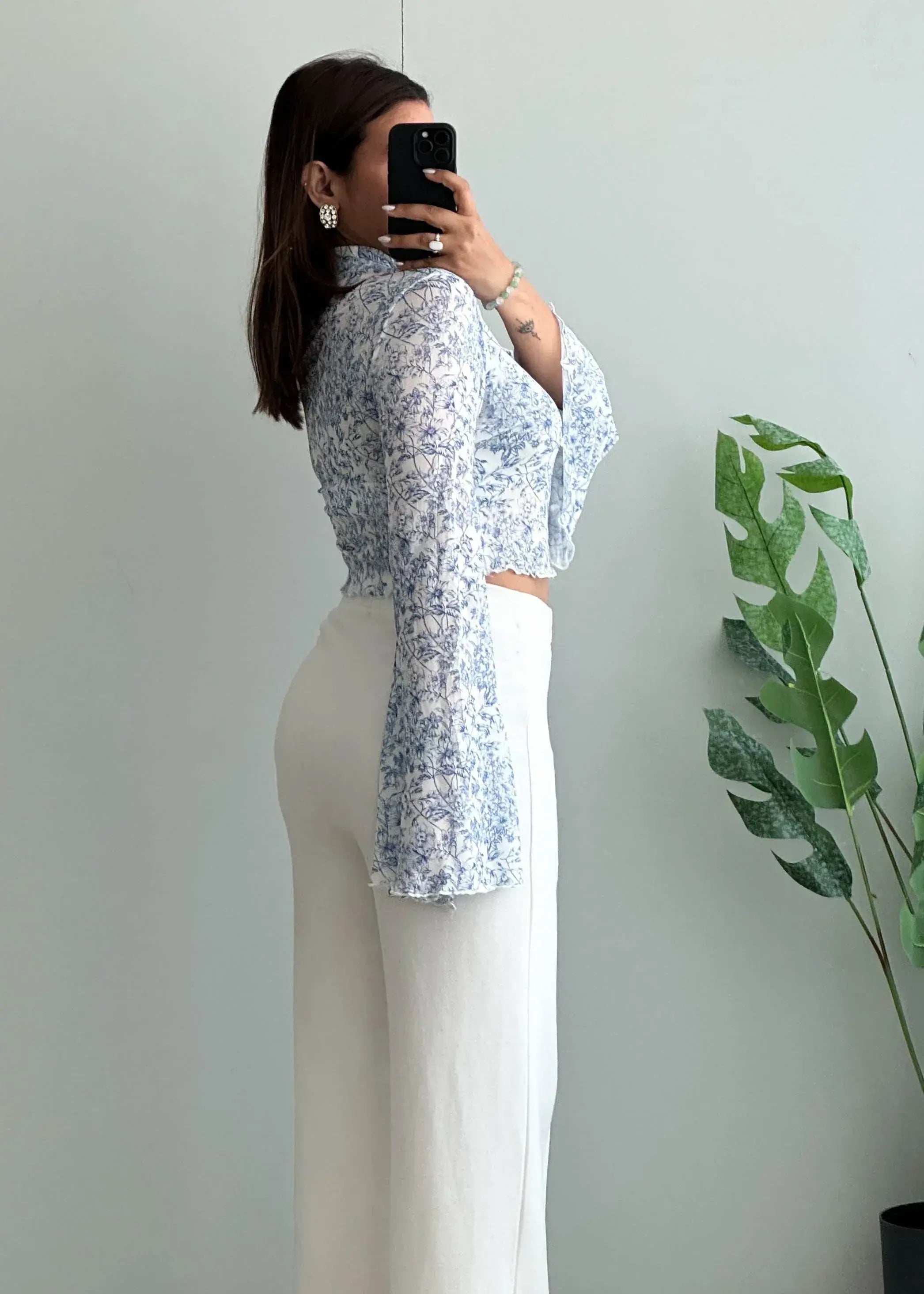 Size S-M, Blue Floral Bell Sleeve Crop Top for Women - Closet by Payal
