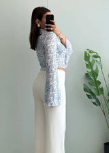Size S-M, Blue Floral Bell Sleeve Crop Top for Women - Closet by Payal