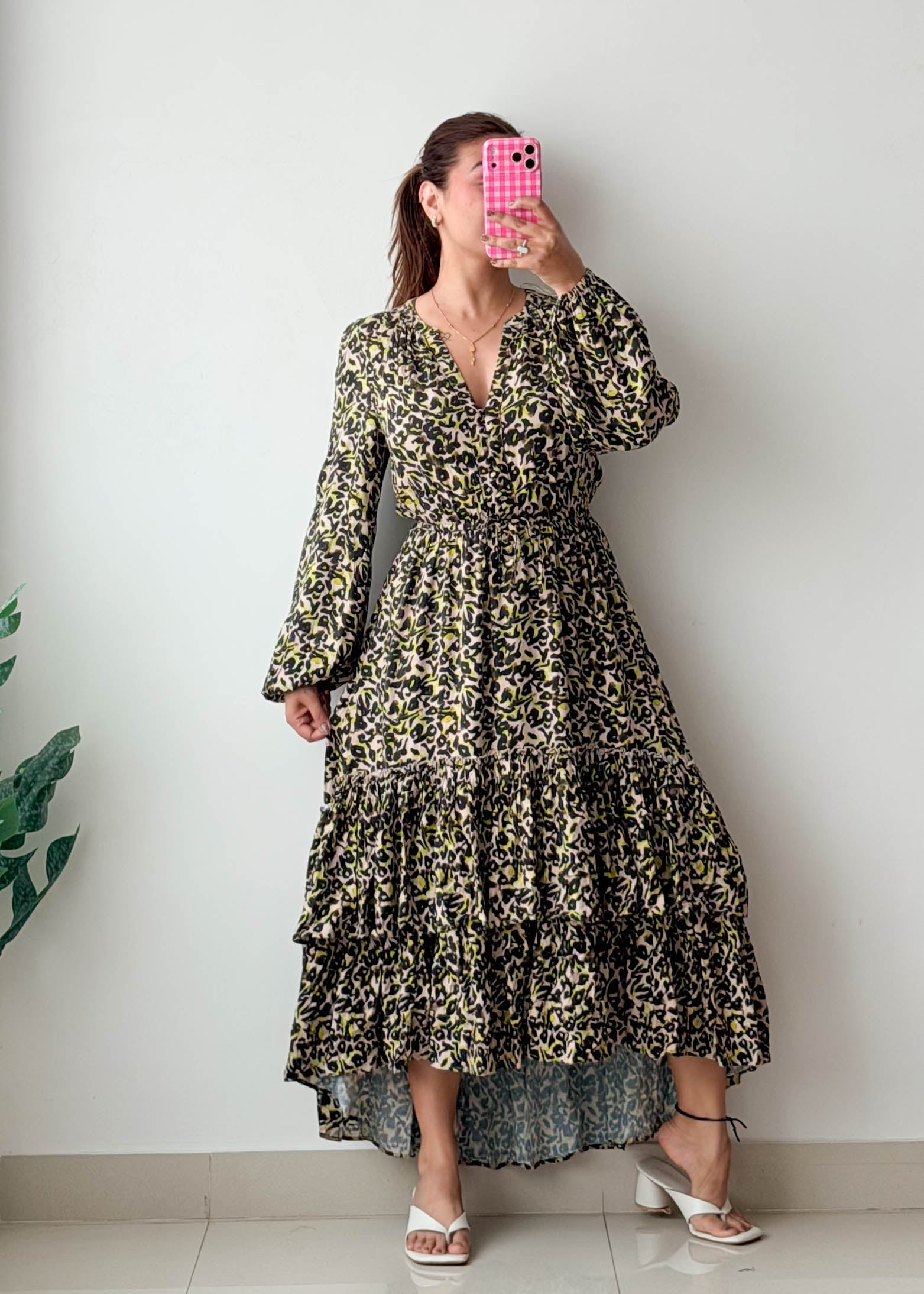 Size S-M Olive Leopard Print Tiered Maxi Dress
