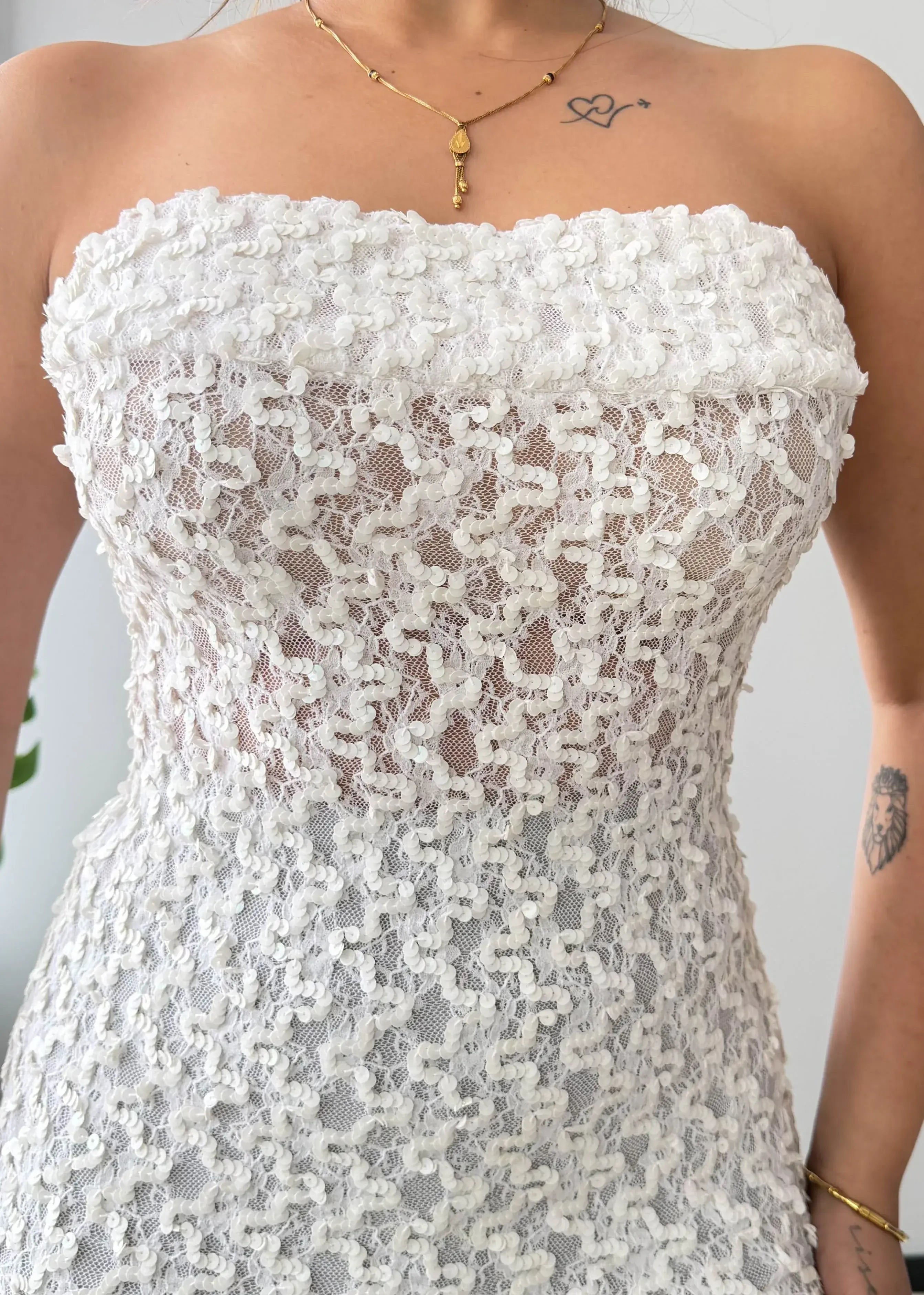 Size M-L, White Strapless Lace Maxi Dress - Closet by Payal