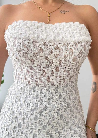 Size M-L, White Strapless Lace Maxi Dress - Closet by Payal