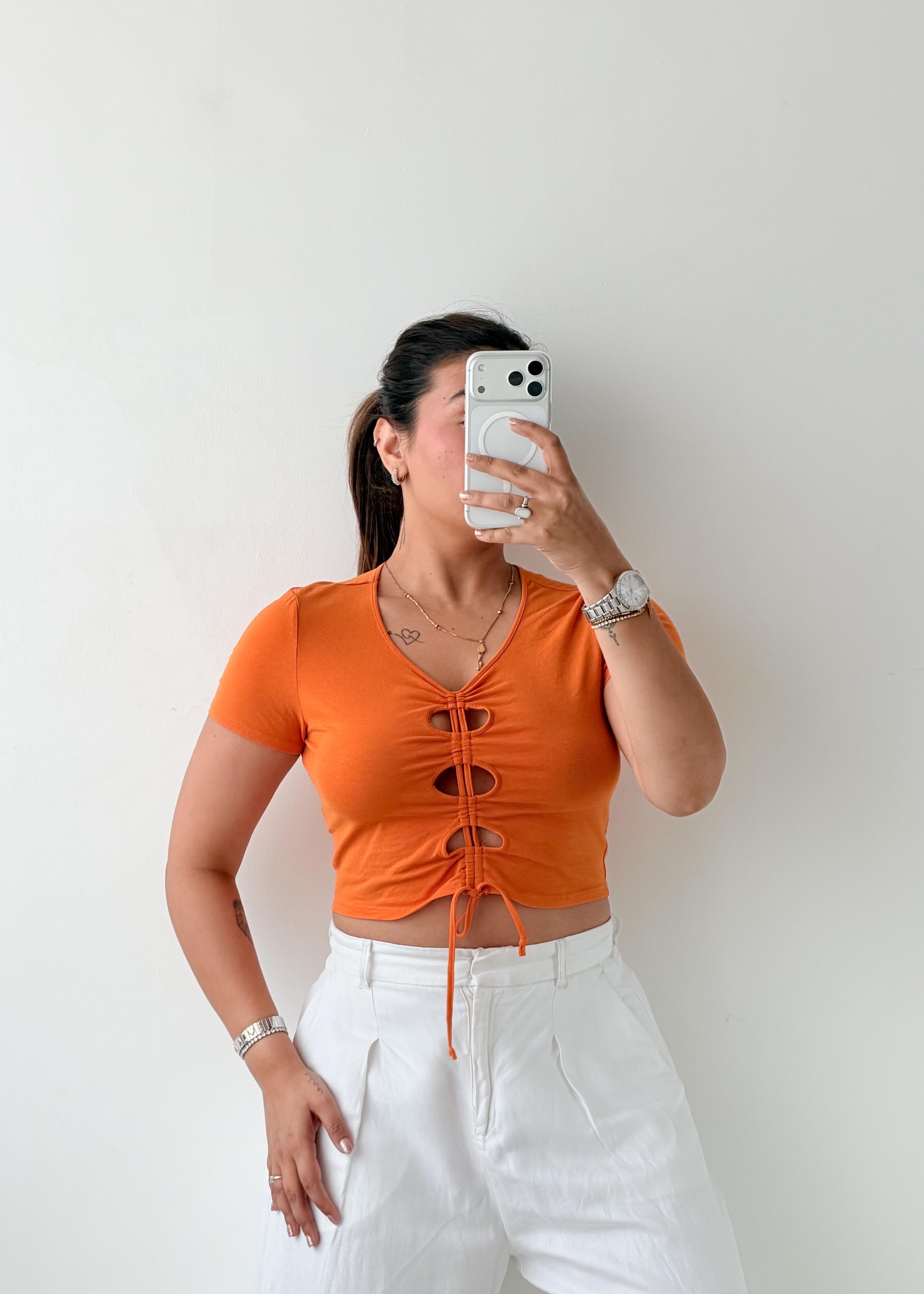 Size S-M Orange Ruched Tie Front Top