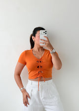 Size S-M Orange Ruched Tie Front Top