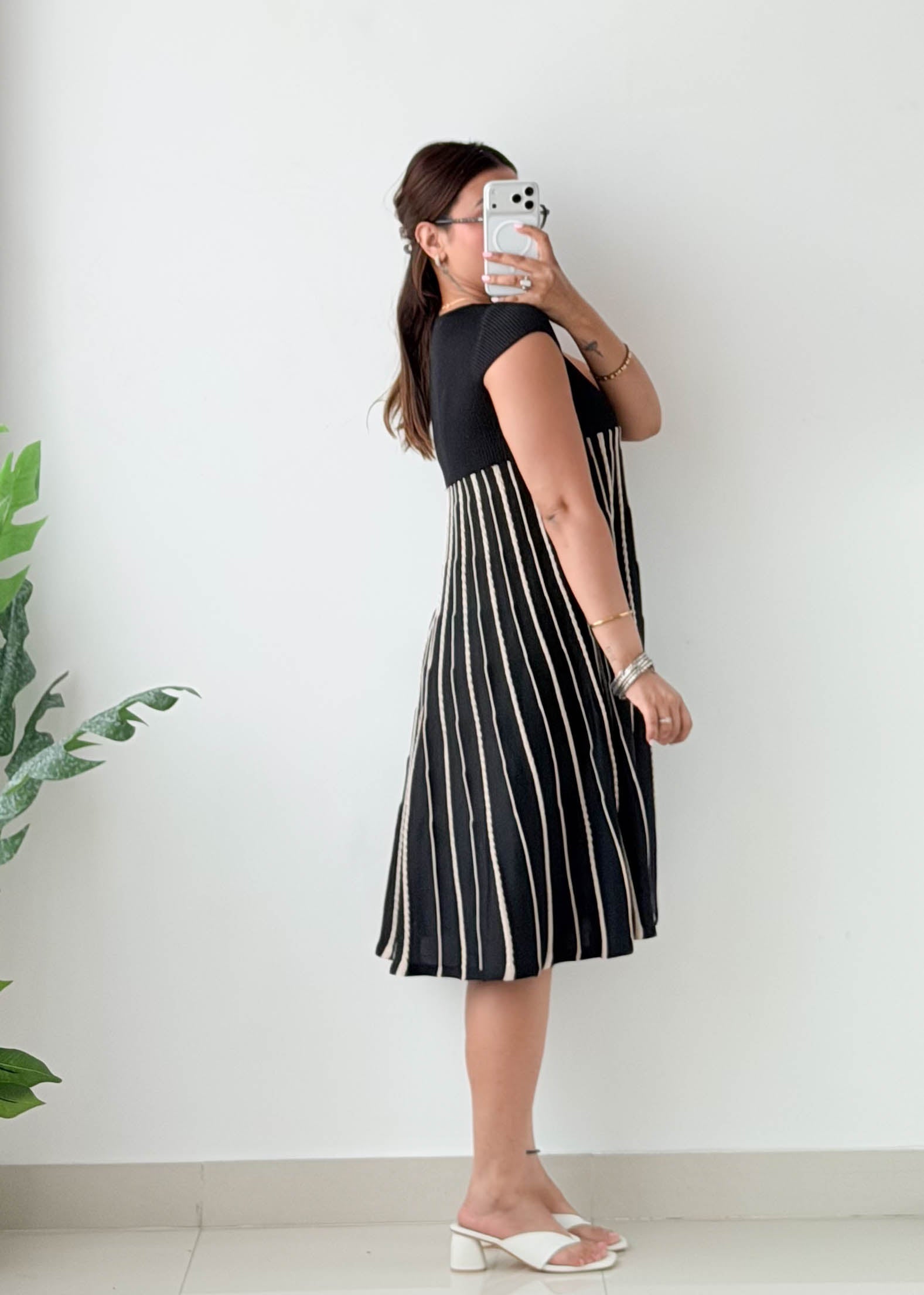 Size S-M Navy Striped Flared Knit Midi Dress