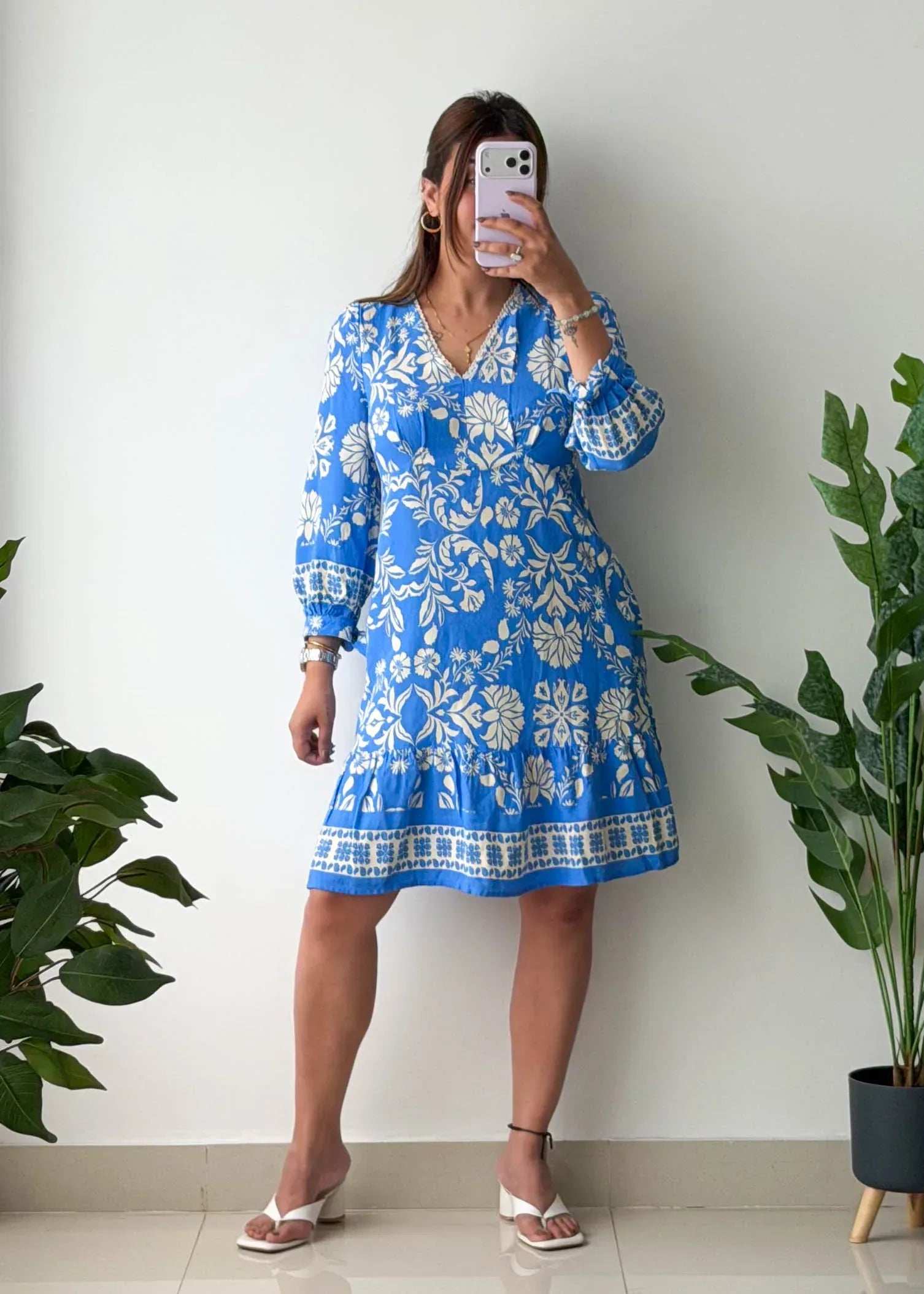Blue Floral Printed A-Line Dress