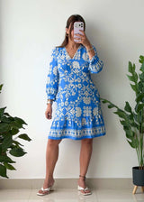 Blue Floral Printed A-Line Dress