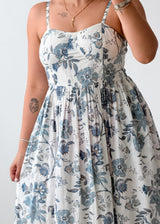 Size XS-S White & Blue Floral Print Midi Dress