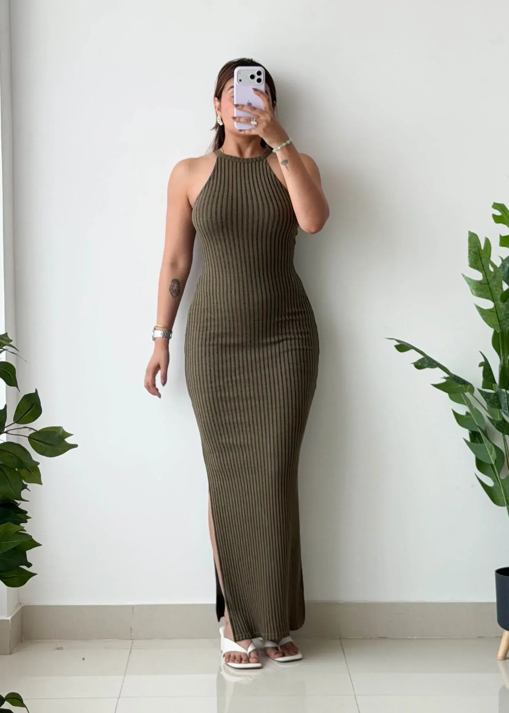 Size XS-S, Olive Halter Ribbed Maxi Dress - Closet by Payal