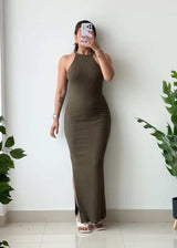 Size XS-S, Olive Halter Ribbed Maxi Dress - Closet by Payal