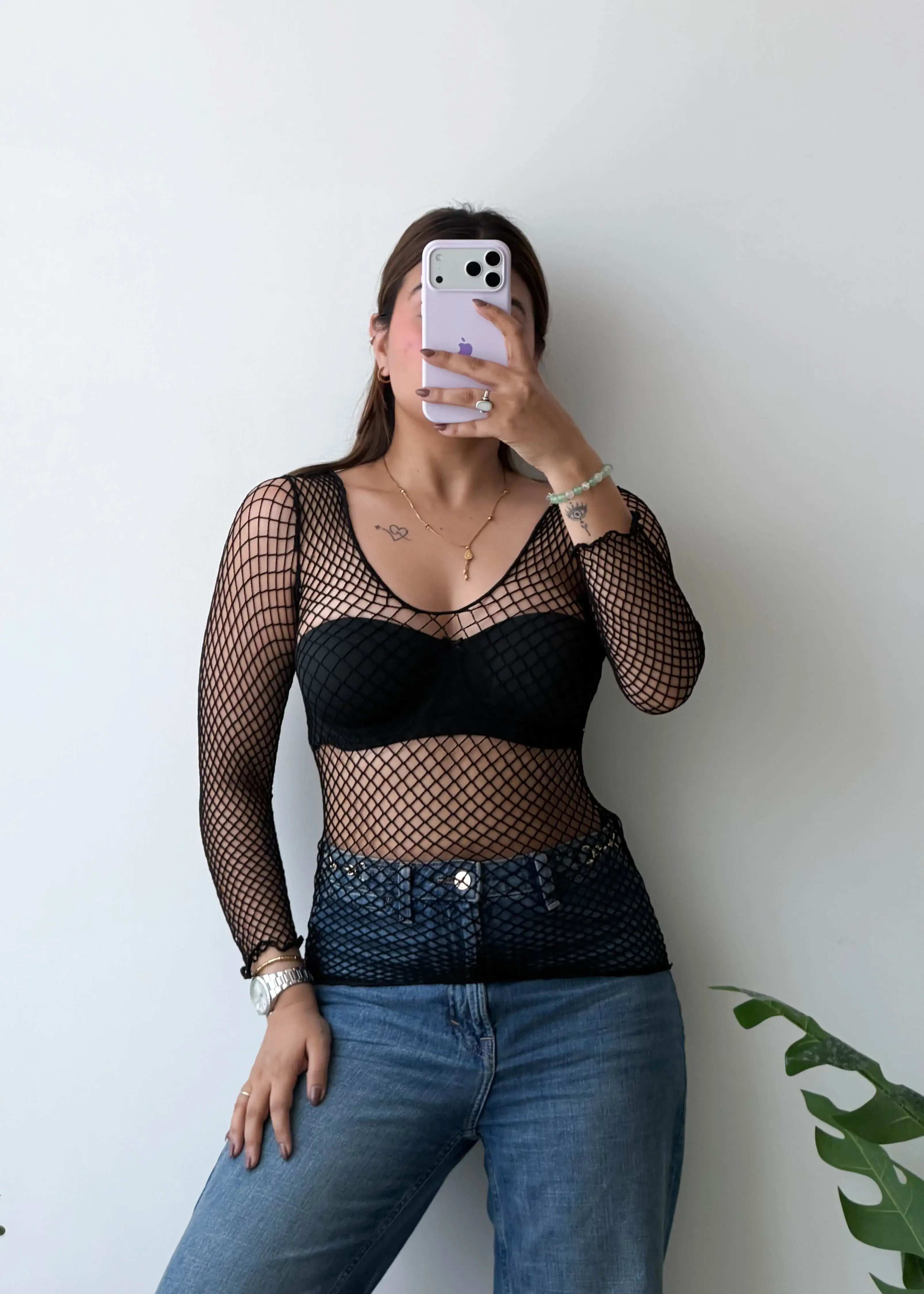 SIZE XS-S, Black Fishnet Mesh Full Sleeve Top
