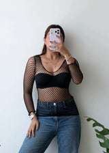 SIZE XS-S, Black Fishnet Mesh Full Sleeve Top