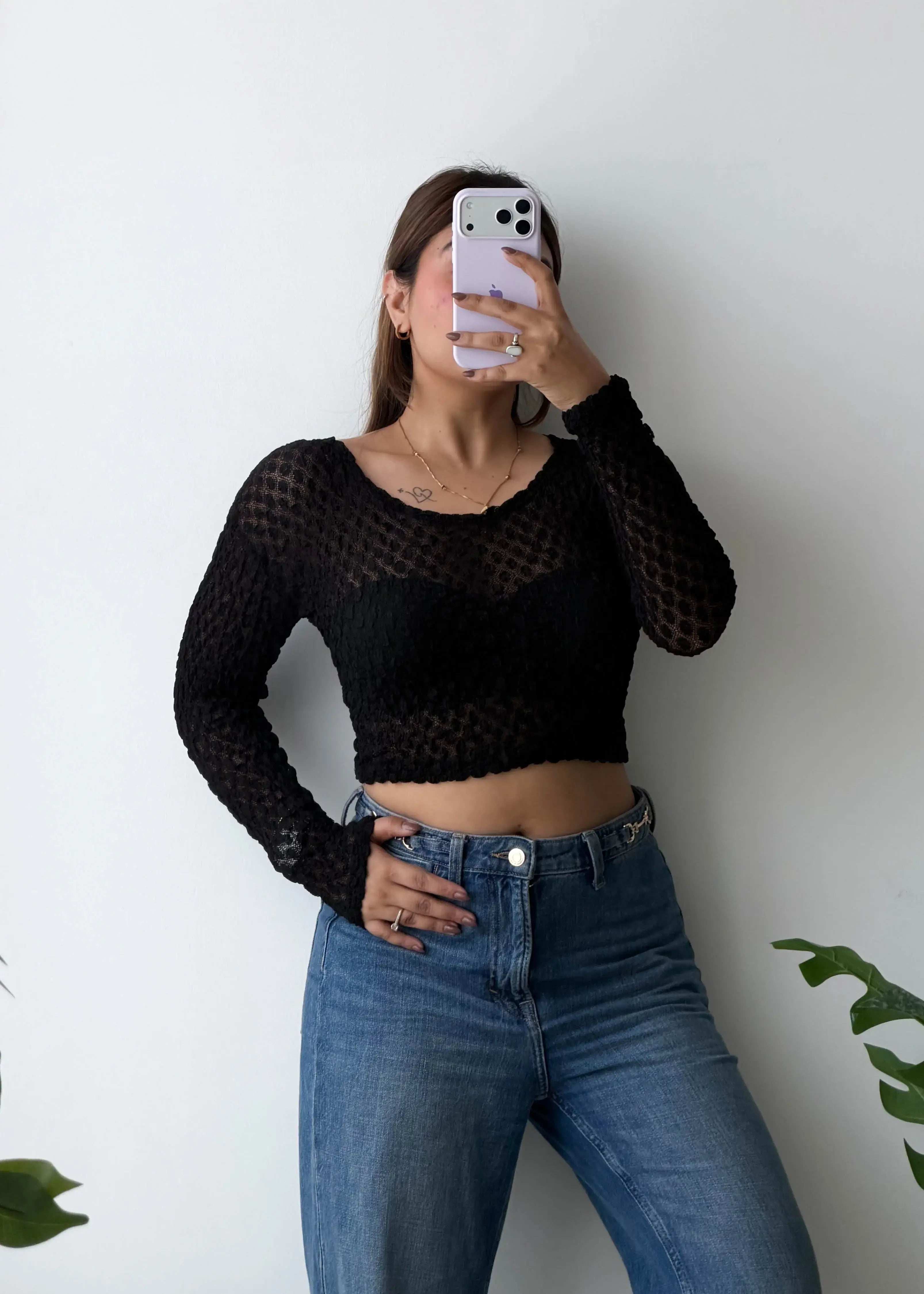 SIZE XS-S, Black Textured Crop Mesh Top