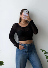 SIZE XS-S, Black Textured Crop Mesh Top