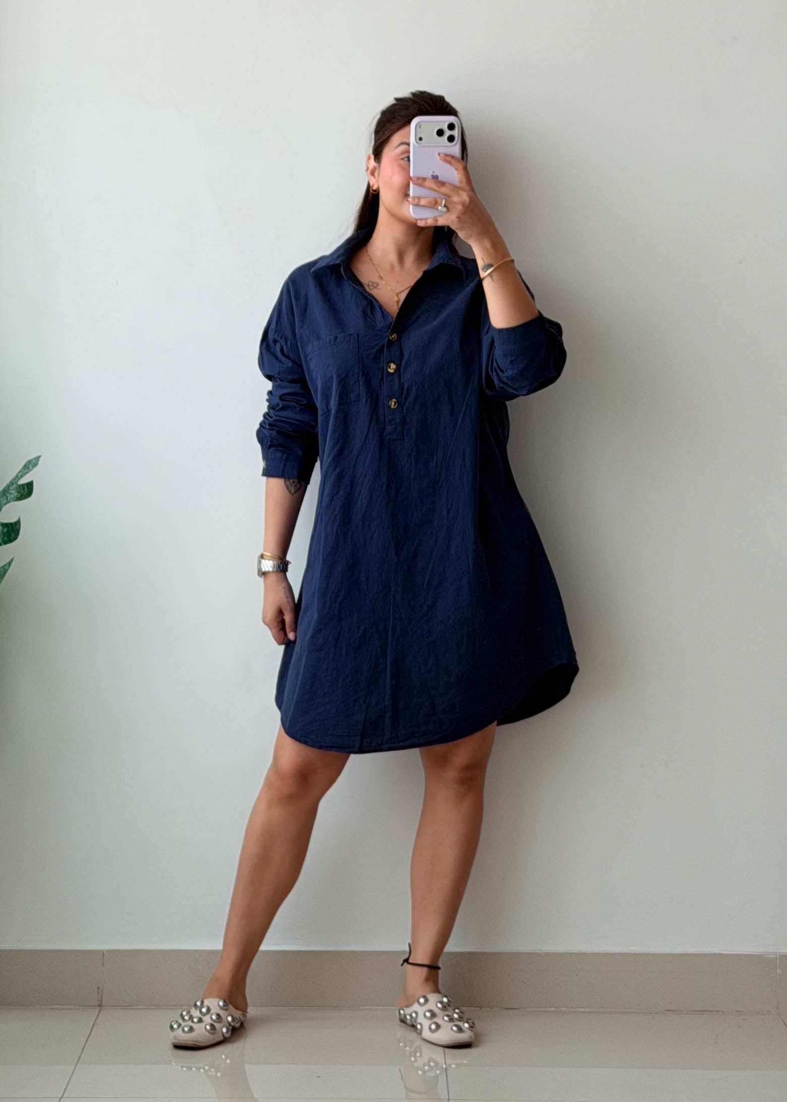 Size M-L Navy Cotton Shirt Dress