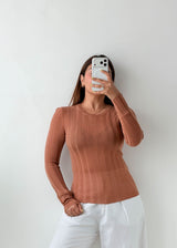 Size S-M Camel Ribbed Long Sleeve Top