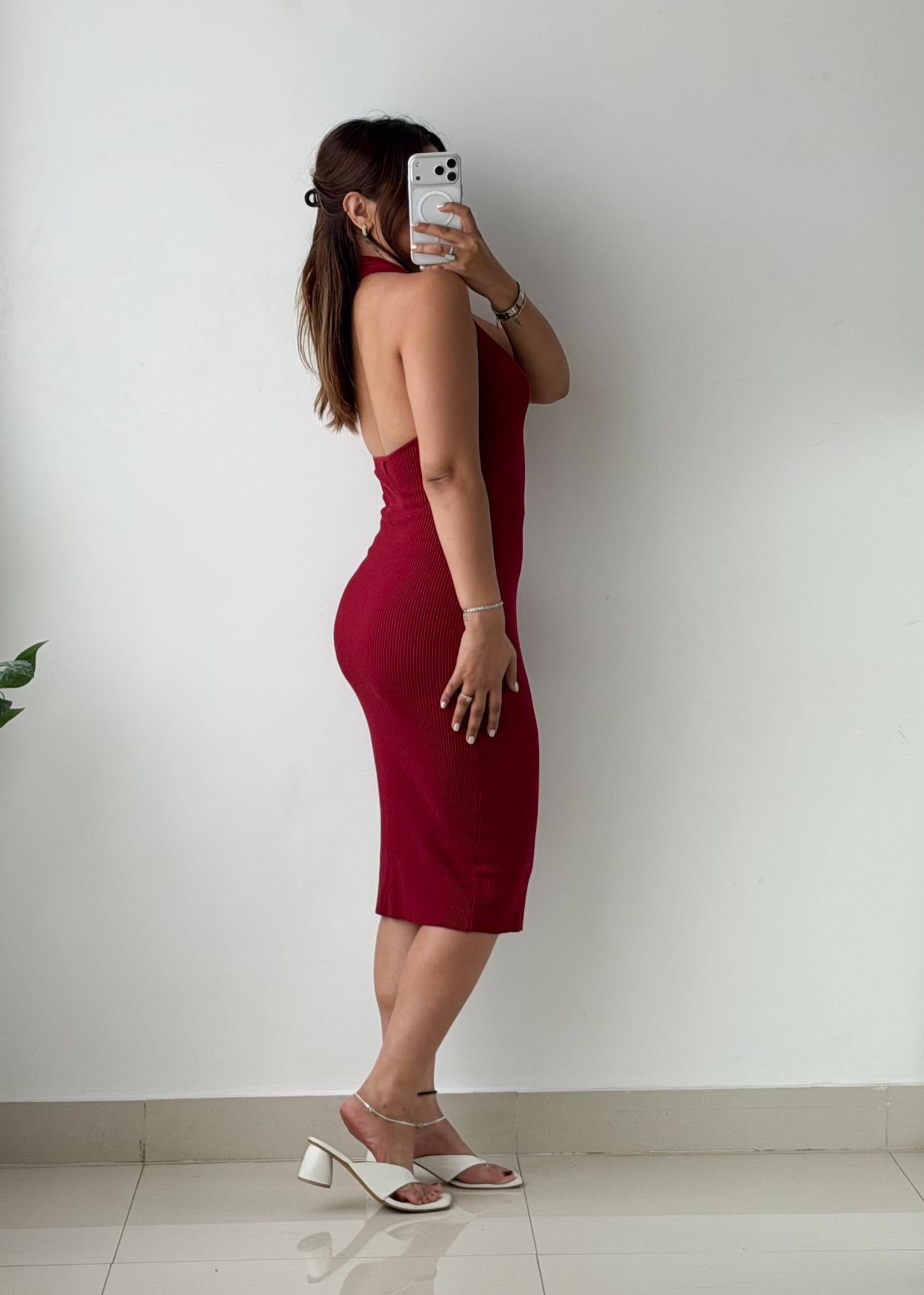Size S-M Burgundy Ribbed Knit Halter Midi Dress