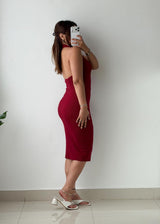 Size S-M Burgundy Ribbed Knit Halter Midi Dress