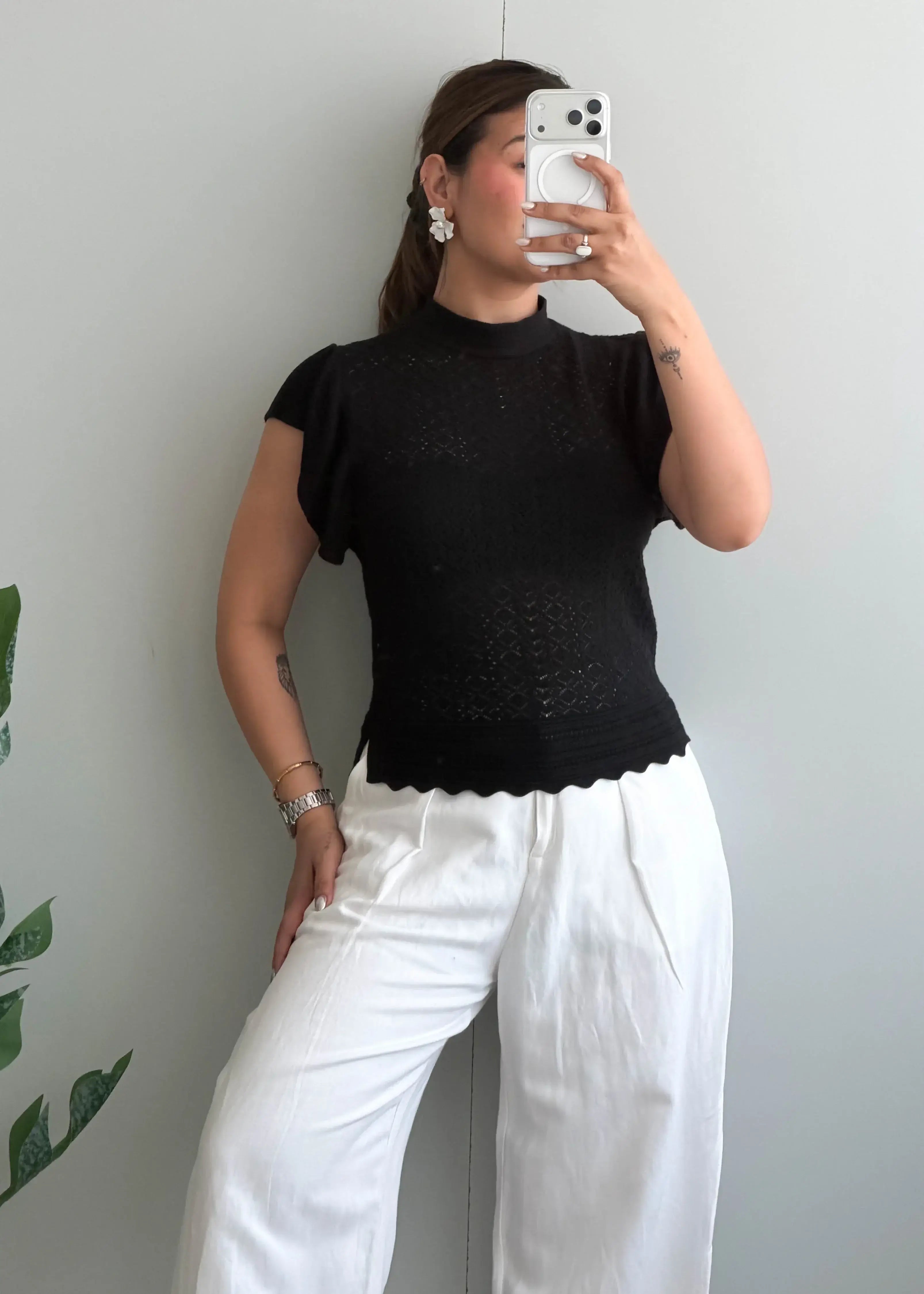 Size S-M, Black High Neck Textured Top - Closet by Payal