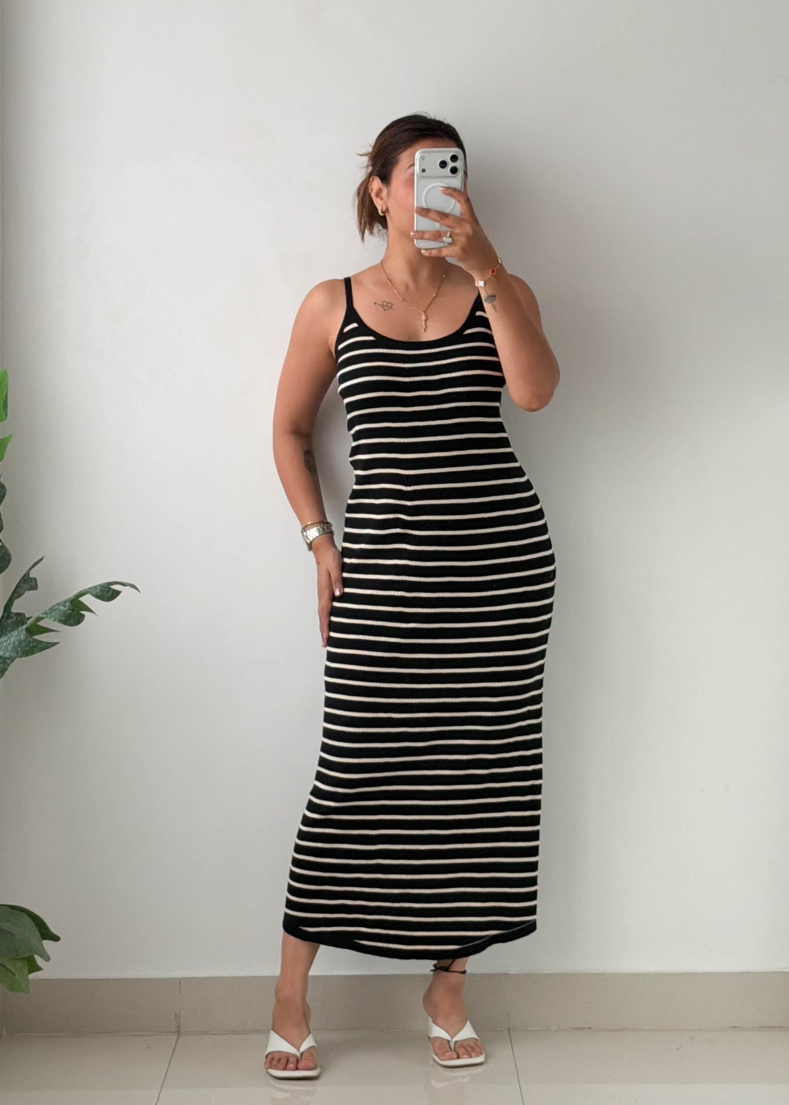 Size XL-2XL Black Striped Ribbed Knit Maxi Dress