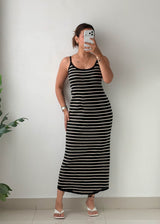 Size XL-2XL Black Striped Ribbed Knit Maxi Dress