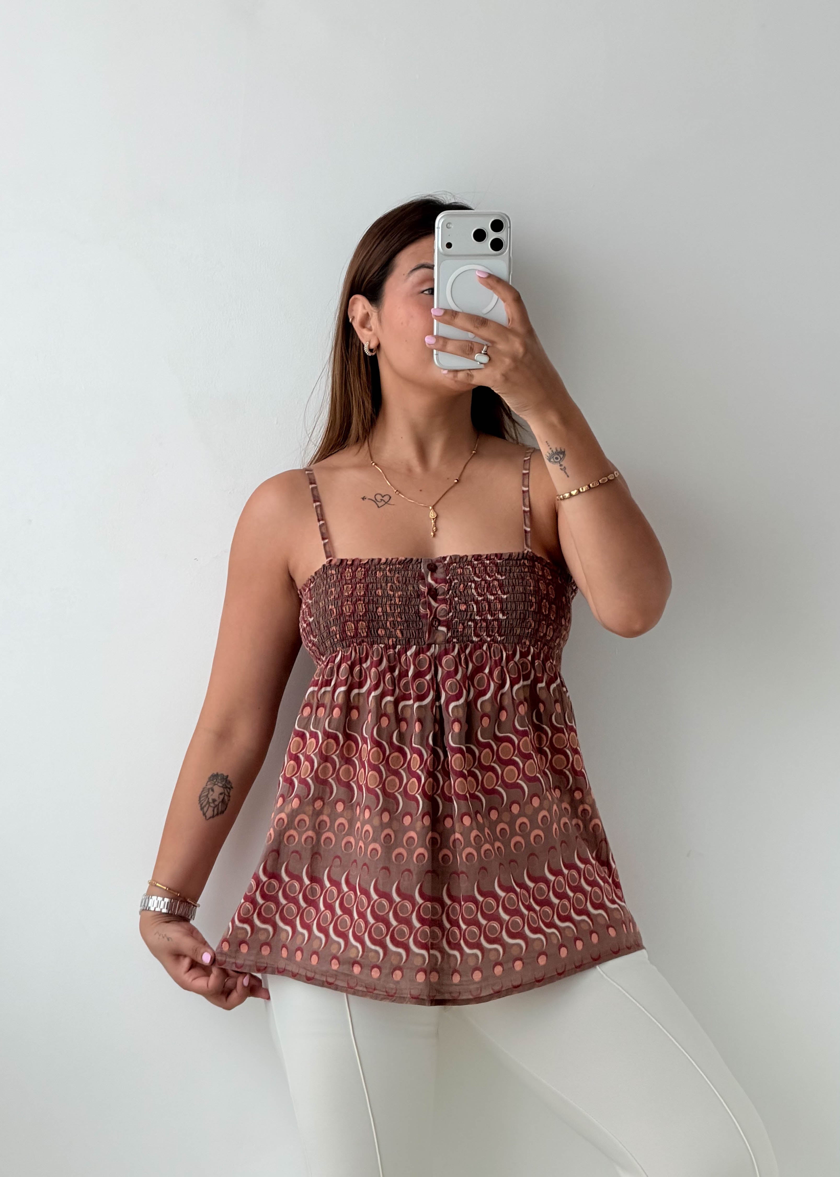 Size S-M Brown Printed Smocked Cami Top