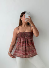 Size S-M Brown Printed Smocked Cami Top
