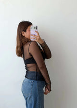 Size S-M Black Sheer Floral Mesh Top