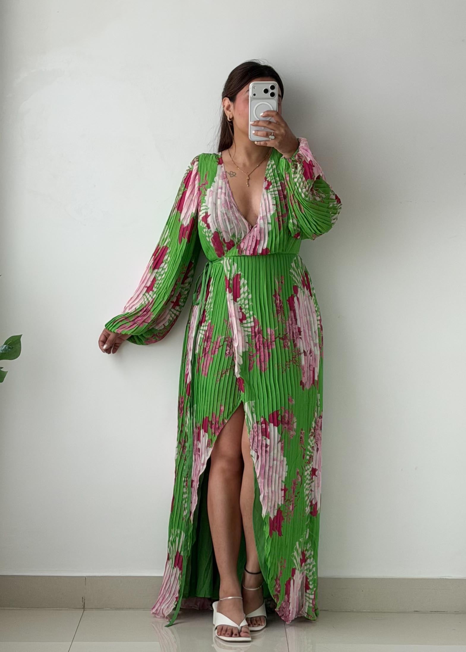 Size XS-S Green Floral Print Maxi Dress