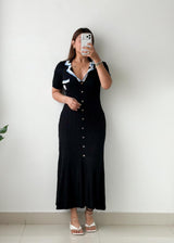 Size S-M Black Contrast Collar Ribbed Knit Maxi Dress