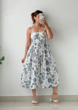 Size XS-S White & Blue Floral Print Midi Dress