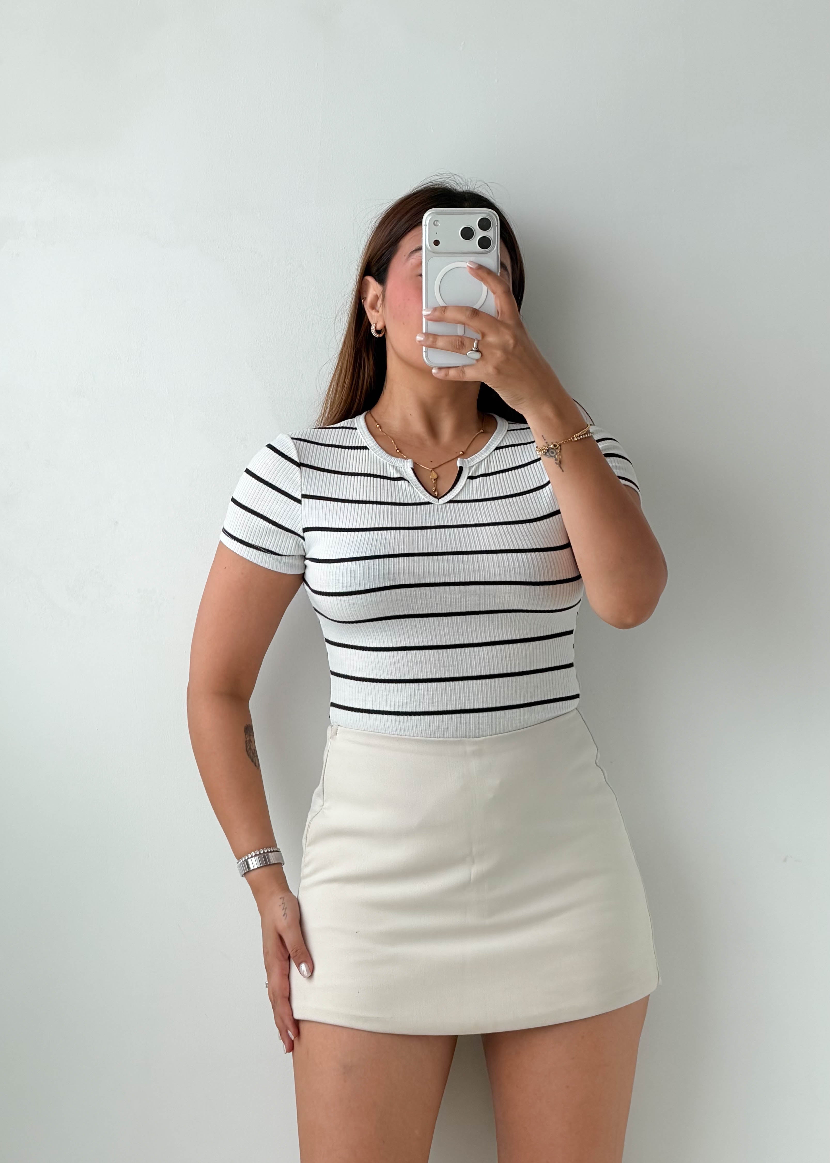 Size XS-S White Striped Collar Bodysuit