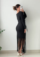 Size M-L Black Fringe Hem Bodycon Maxi Dress