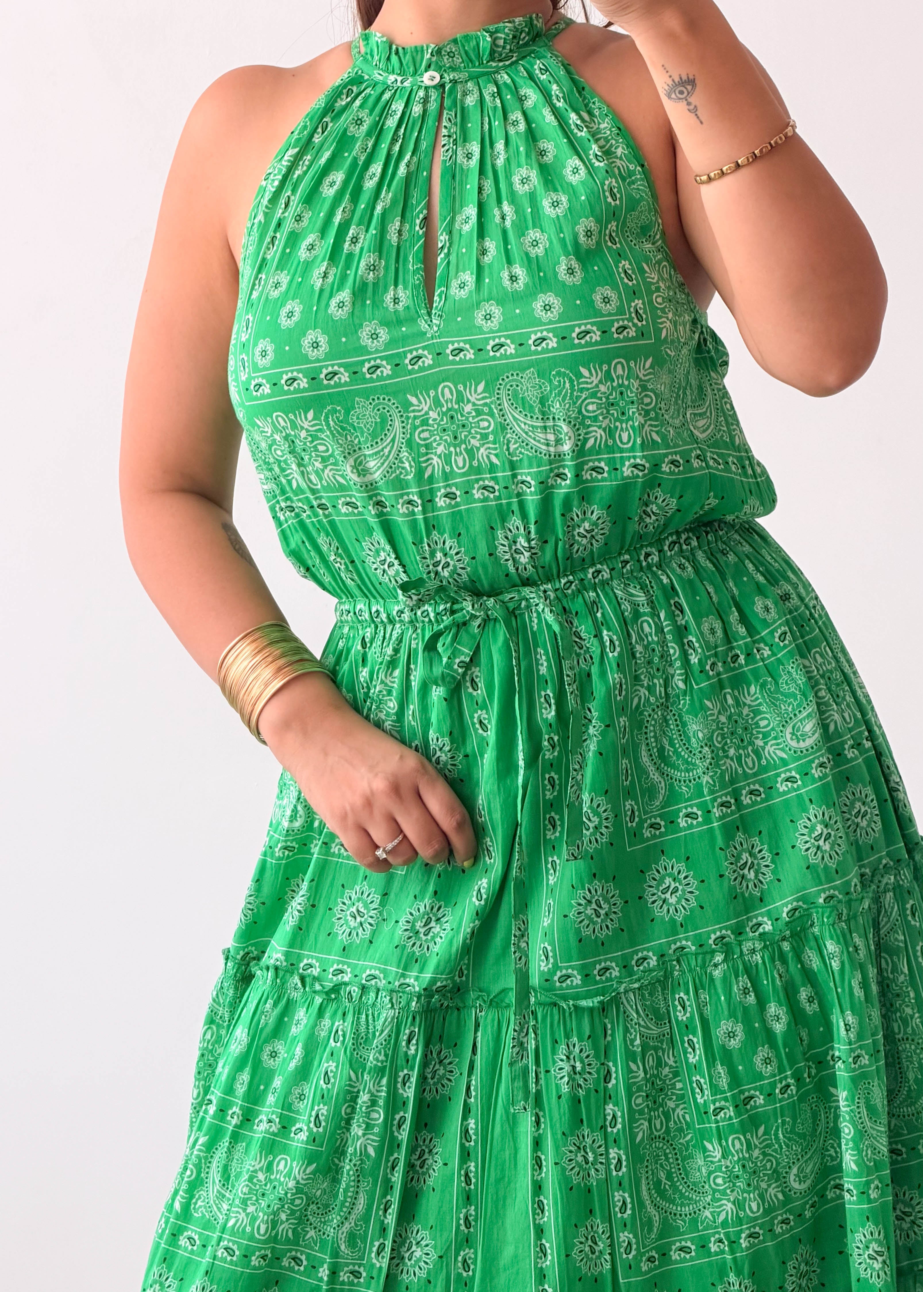 Size S-M Green Printed Tiered Maxi Dress
