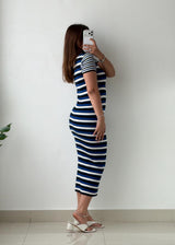 Size S-M Navy Multicolor Striped Ribbed Knit Midi Dress