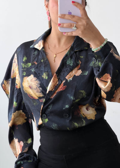 M-L Black Floral Satin Shirt Top