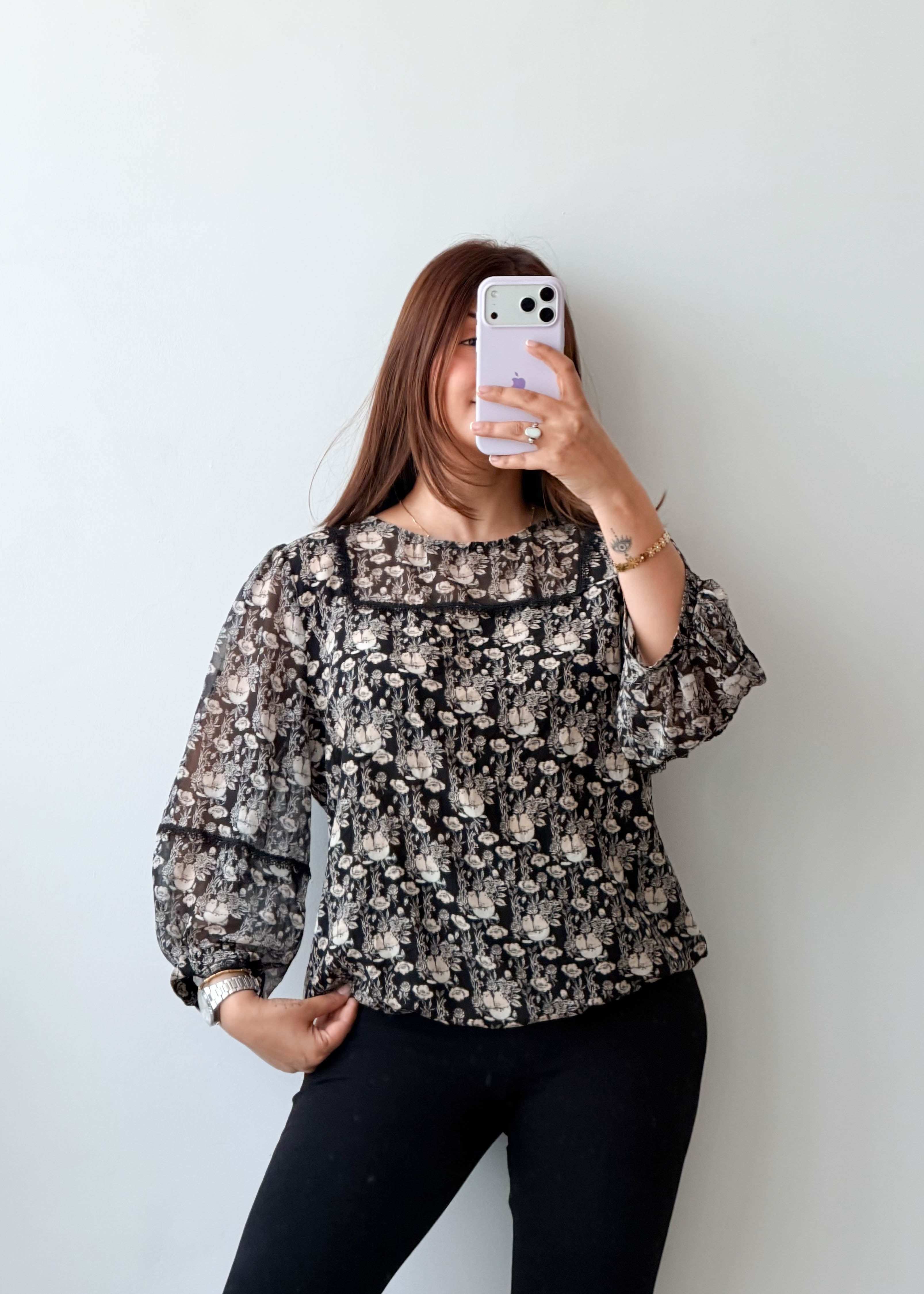 Size S-M Black Floral Sheer Top
