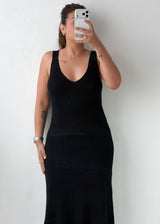 Size L-XL Black Ribbed Scoop Neck Midi Dress