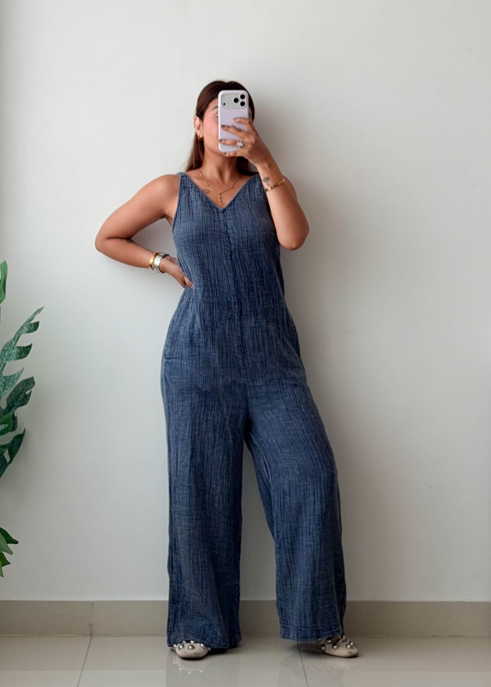 Size M Blue Chambray Wide-Leg Jumpsuit